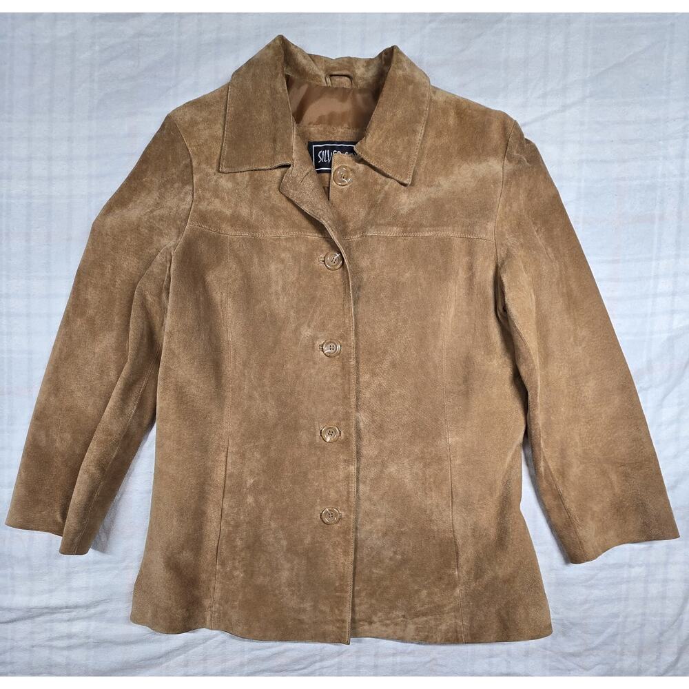 Vintage Womens Suede Leather Blazer Jacket Silver Fox Caramel Brown L
